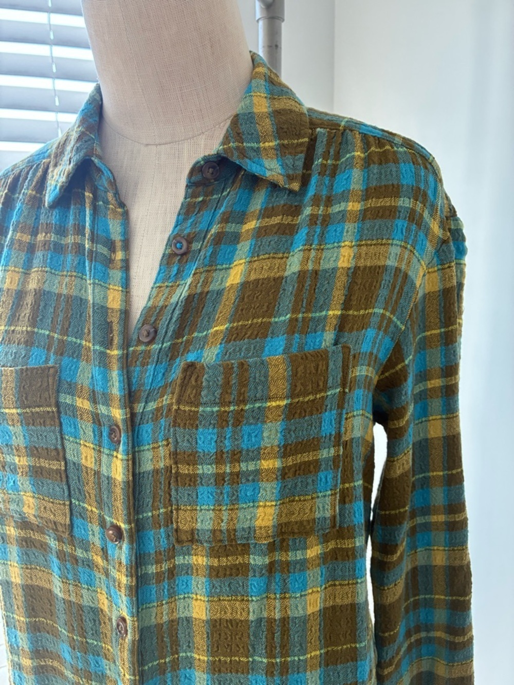 Pilcro Anthropologie Women's The Hadley Green Relaxed Plaid Button Down Shirt - Picture 2 of 10